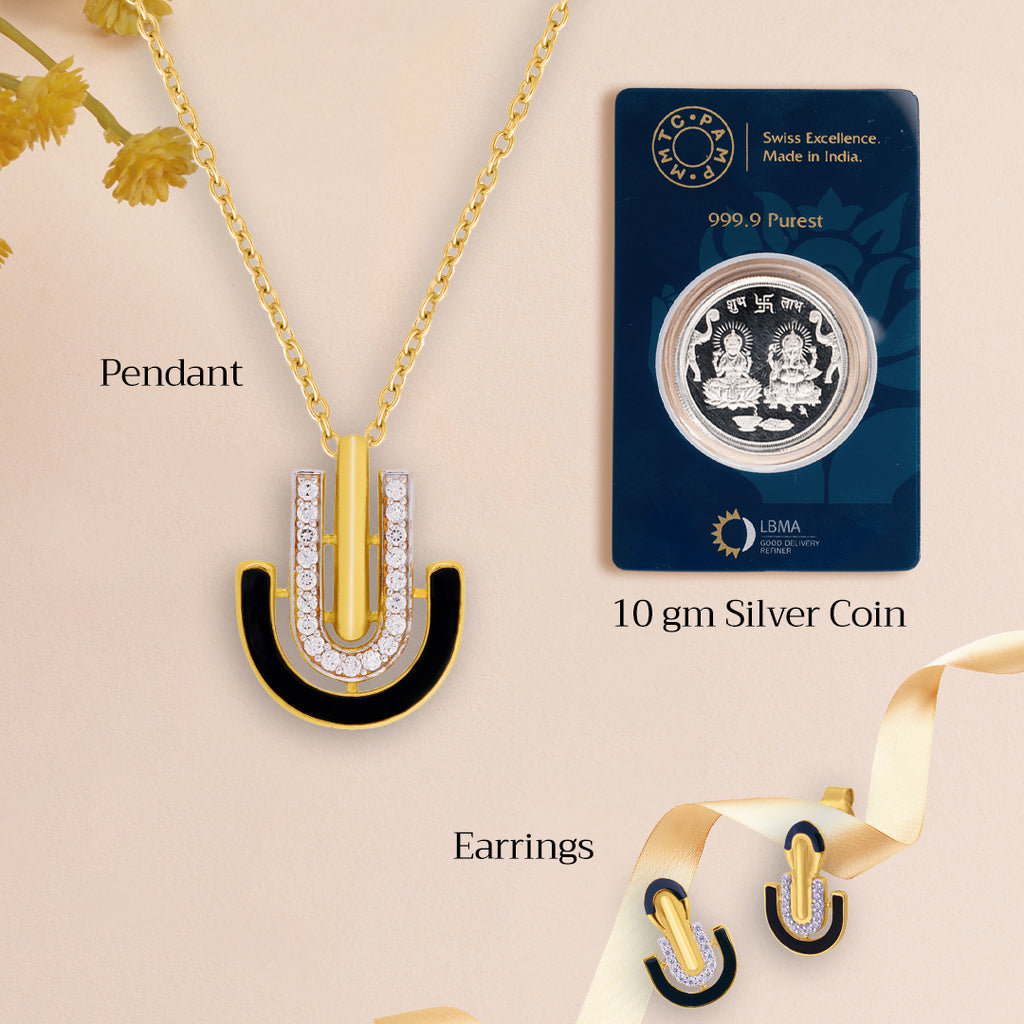 An image containing Sleek Black Enamel and Shimmering Cubic Zircons Pendant & Earrings with 10gm Silver Coin MMTC PAMP Gift Hamper.