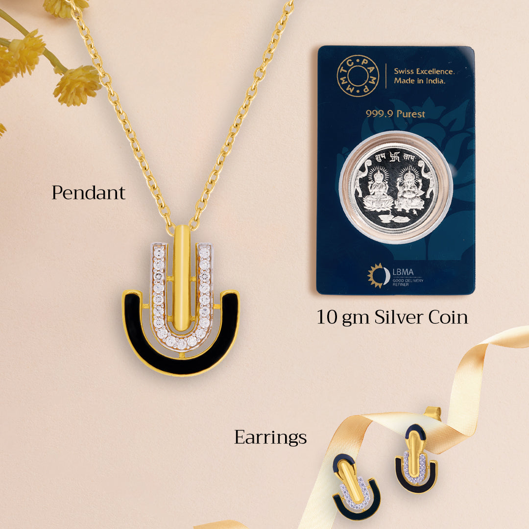 Sleek Black Enamel and Shimmering Cubic Zircons Pendant & Earrings with 10gm Silver Coin MMTC PAMP Gift Hamper