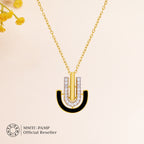 An image containing Sleek Black Enamel and Shimmering Cubic Zircons Pendant & Earrings with 10gm Silver Coin MMTC PAMP Gift Hamper.