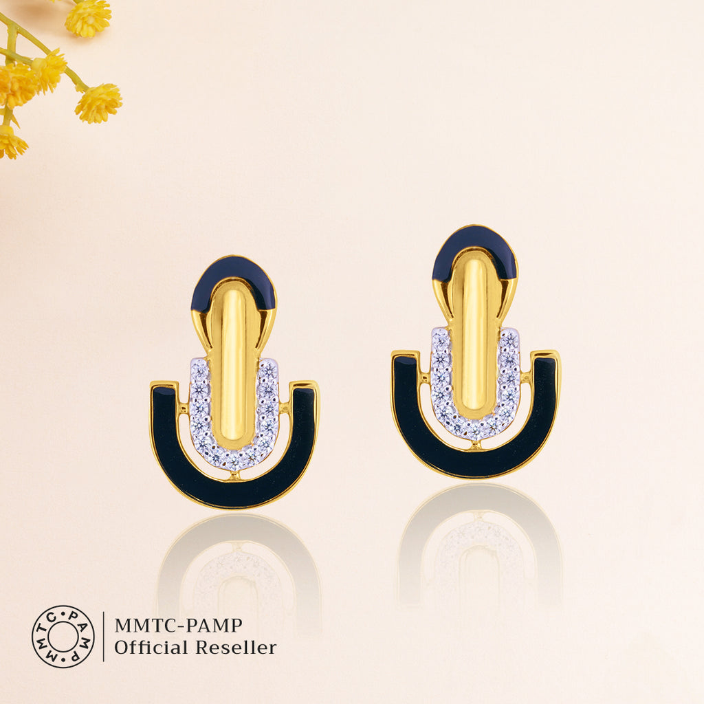 An image containing Sleek Black Enamel and Shimmering Cubic Zircons Pendant & Earrings with 10gm Silver Coin MMTC PAMP Gift Hamper.