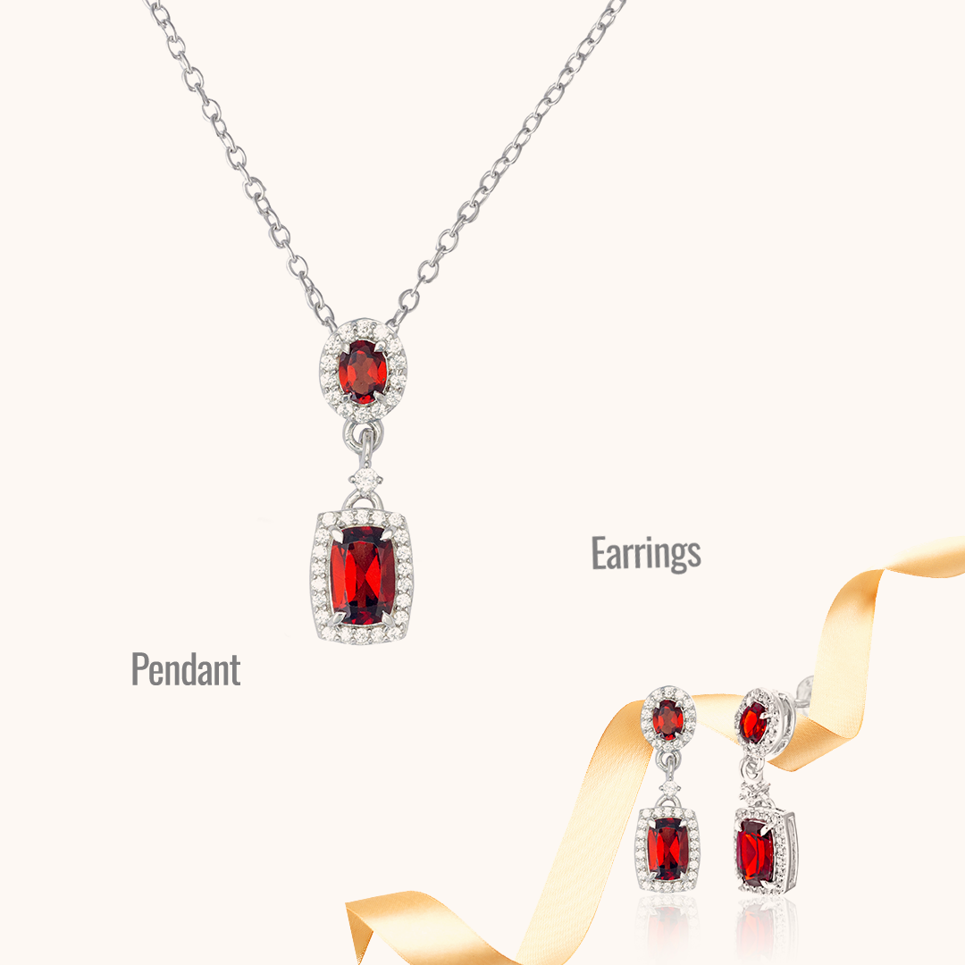 Silver Earrings with Silver Pendant and Chain adorned with Red Garnet and Cubic Zirconia.