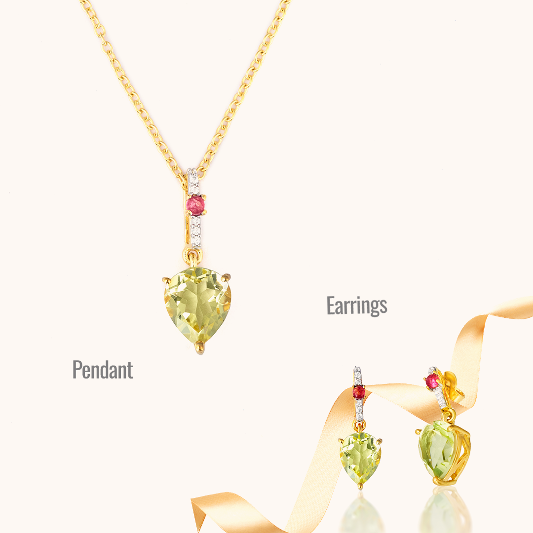  CHIVRI's Lemon and Pink Earrings with Pendant and Silver Chain with Cubic Zirconia.