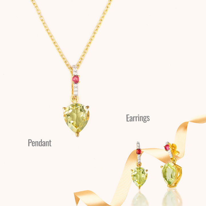  CHIVRI's Lemon and Pink Earrings with Pendant and Silver Chain with Cubic Zirconia.