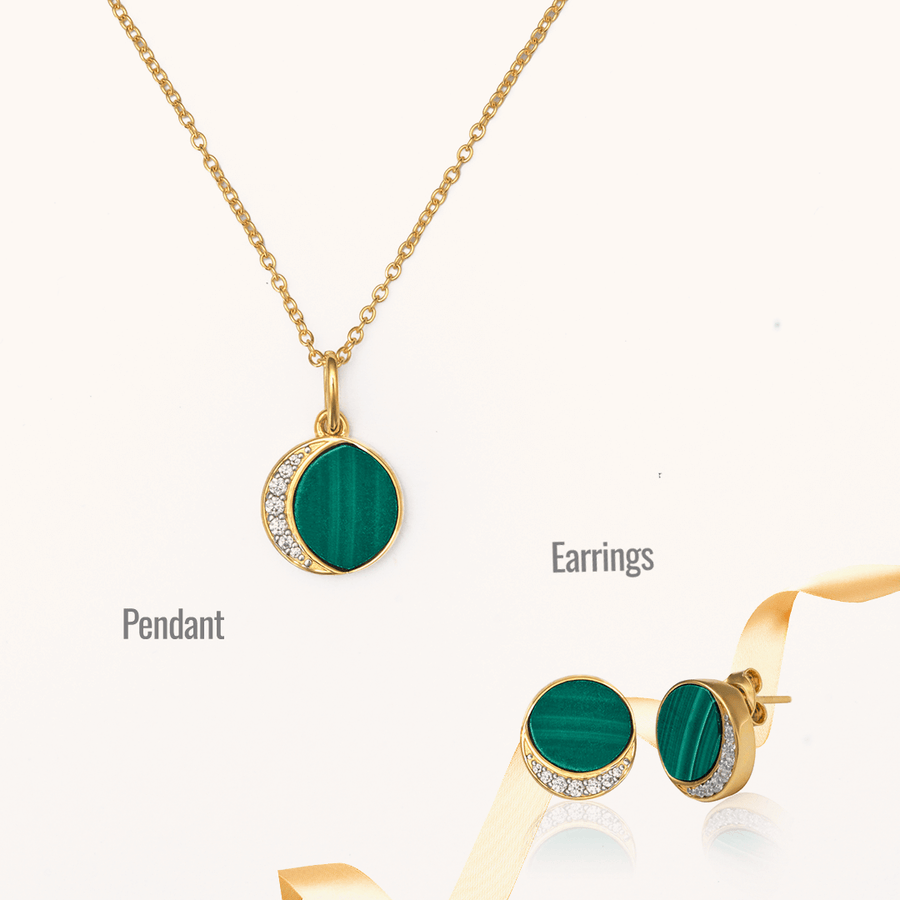  A Glamorous Green Malachite Pendant with Cubic Zirconia, Luxe Gold Finishing including Silver Earrings.