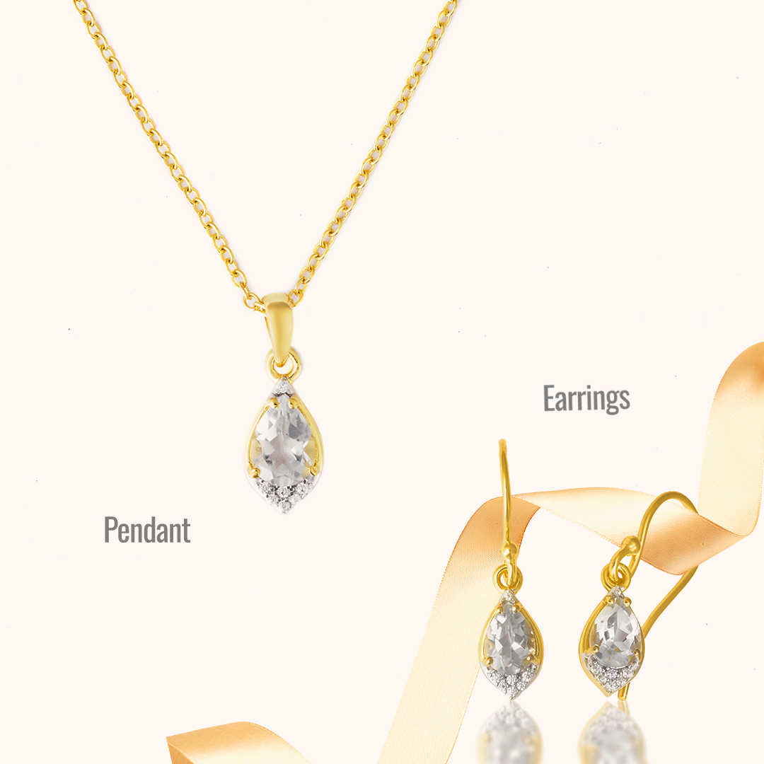 A Pendant with Silver Chain and Earrings Combo which is Gold-Finished with Green Amethyst and Cubic Zirconia.