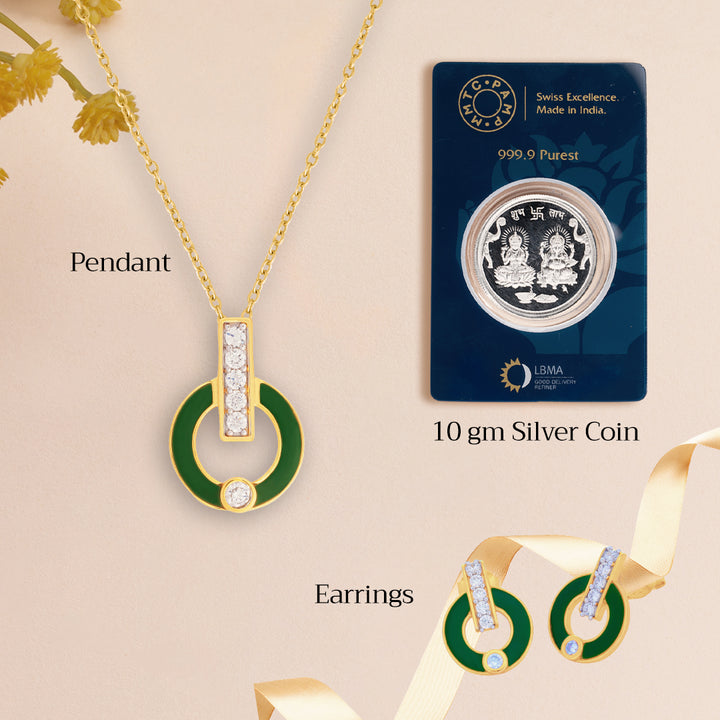 An image of Harmony in Green Artisanal Enamel Tops, Pendant with Golden Chain & 10gm Silver Coin MMTC PAMP Gift Hamper.