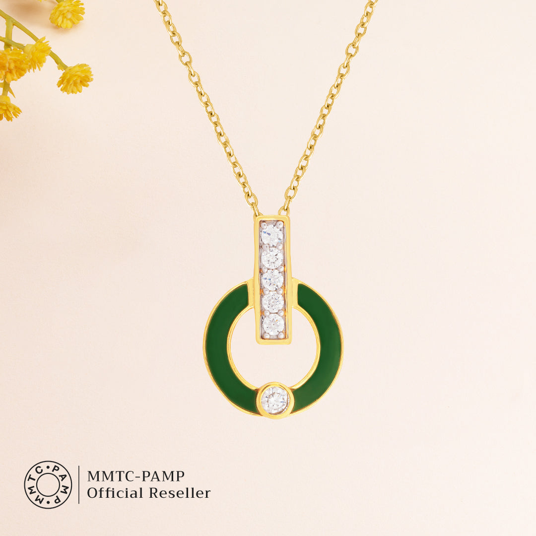 An image of Harmony in Green Artisanal Enamel Tops, Pendant with Golden Chain & 10gm Silver Coin MMTC PAMP Gift Hamper.