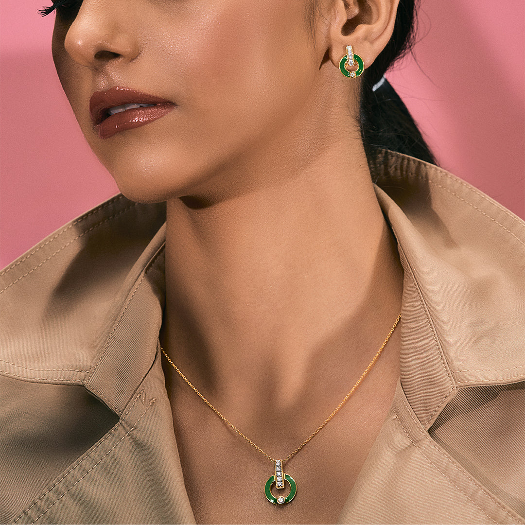 An image of Harmony in Green Artisanal Enamel Tops, Pendant with Golden Chain & 10gm Silver Coin MMTC PAMP Gift Hamper.