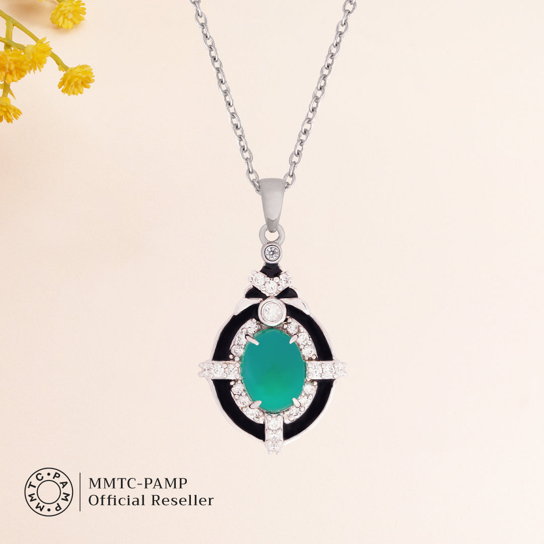 An image of Glamorous Green Onyx Cubic Zirconia Silver Chain Pendant, Earring With 10gm Silver Coin MMTC PAMP Gift Hamper.