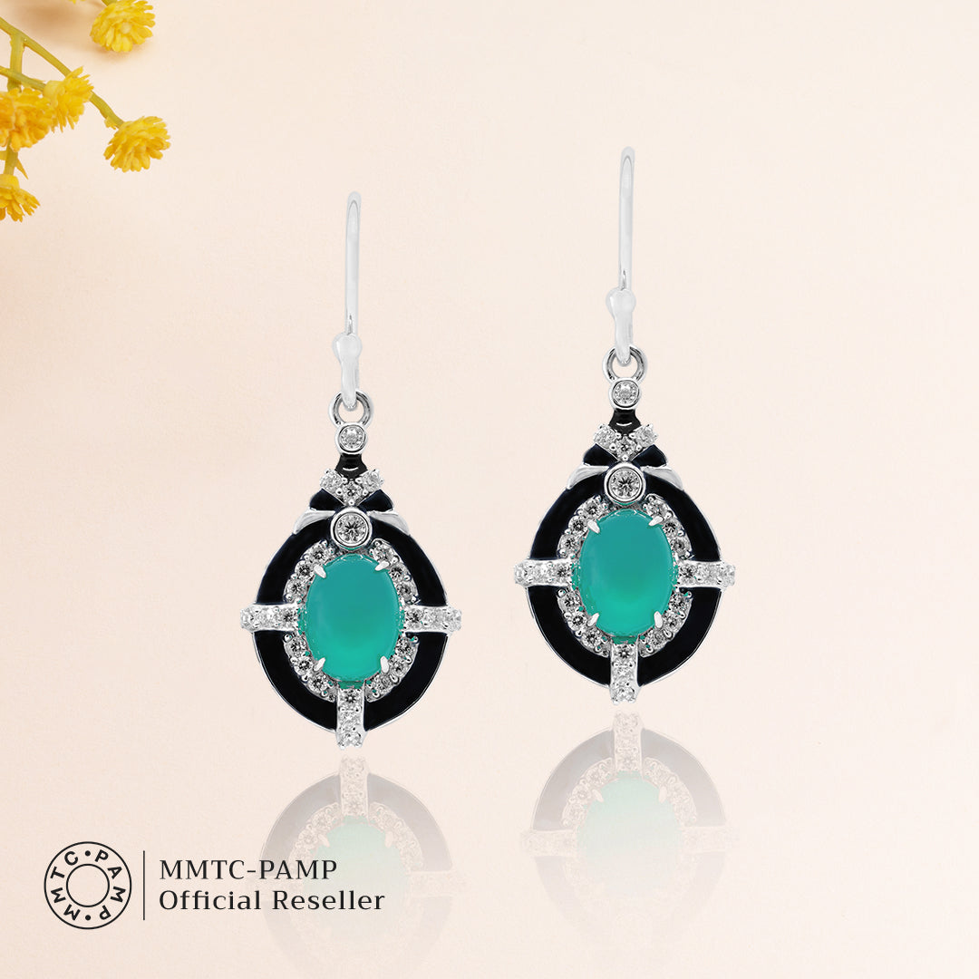 An image of Glamorous Green Onyx Cubic Zirconia Silver Chain Pendant, Earring With 10gm Silver Coin MMTC PAMP Gift Hamper.