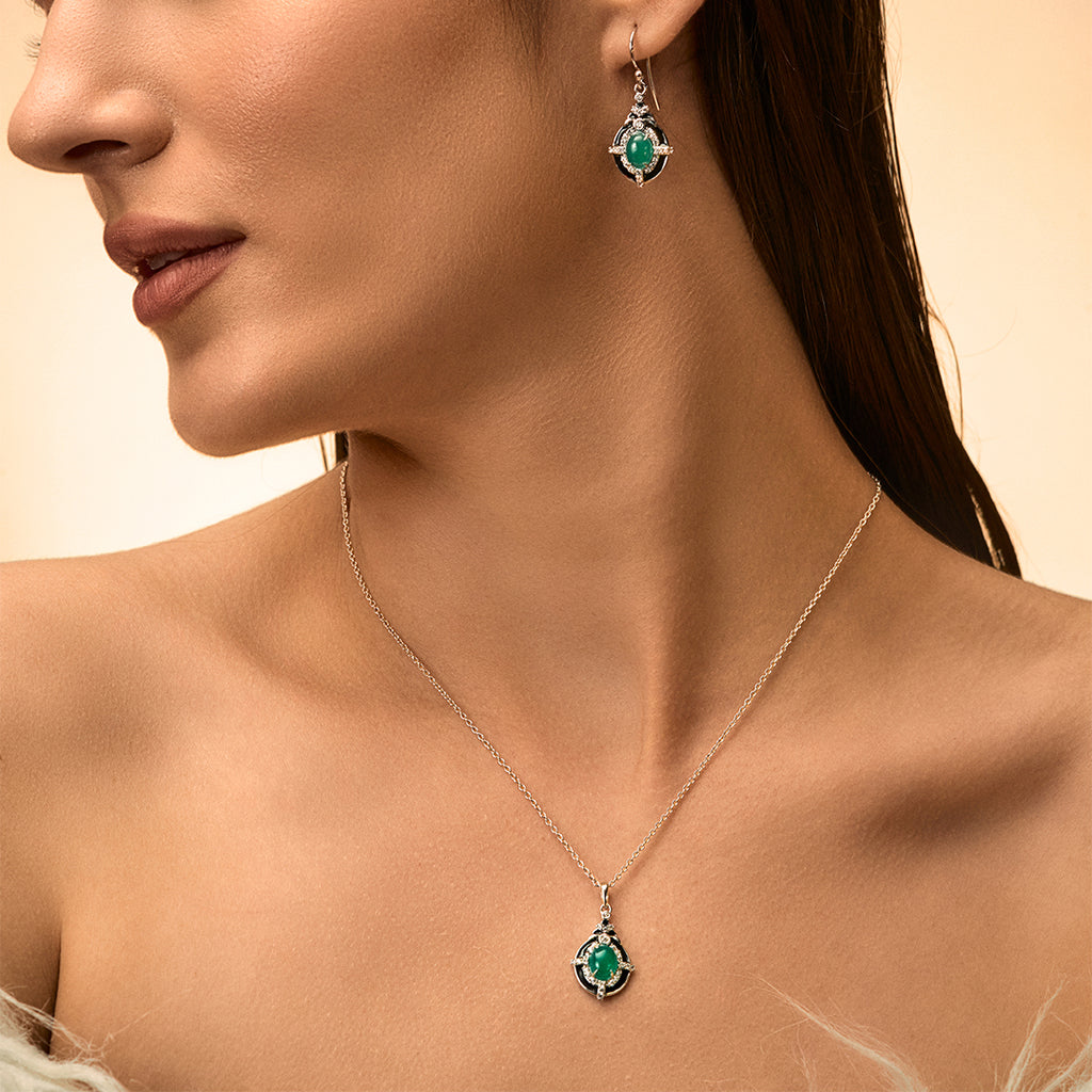 An image of Glamorous Green Onyx Cubic Zirconia Silver Chain Pendant, Earring With 10gm Silver Coin MMTC PAMP Gift Hamper.