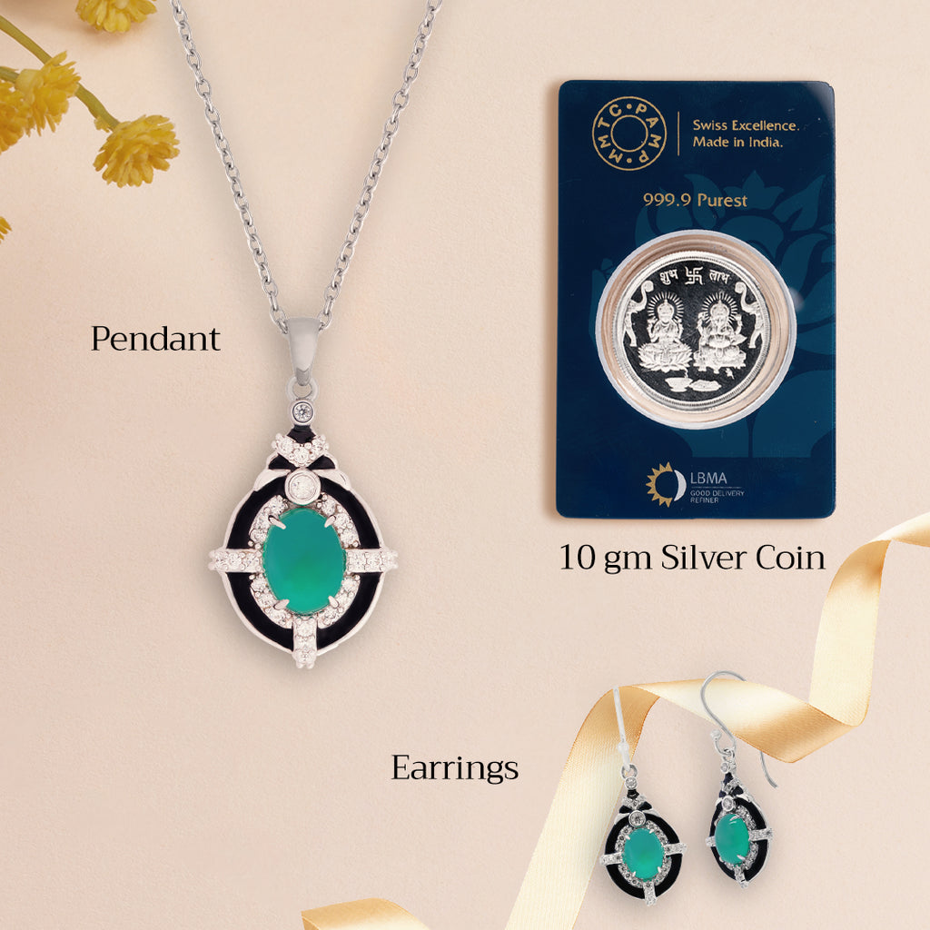 An image of Glamorous Green Onyx Cubic Zirconia Silver Chain Pendant, Earring With 10gm Silver Coin MMTC PAMP Gift Hamper.