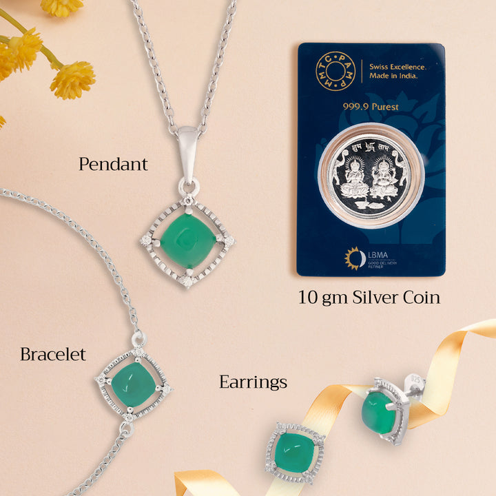 An image of Nature's Splendor Green Onyx Sugar Loaf Cubic Zirconia Earring, Bracelet & Pendant with Silver Chain & 10gm Silver Coin MMTC PAMP Gift Hamper.