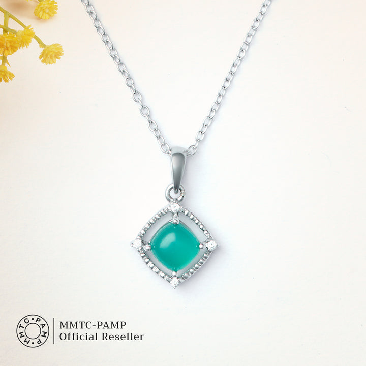 An image of Nature's Splendor Green Onyx Sugar Loaf Cubic Zirconia Earring, Bracelet & Pendant with Silver Chain & 10gm Silver Coin MMTC PAMP Gift Hamper.