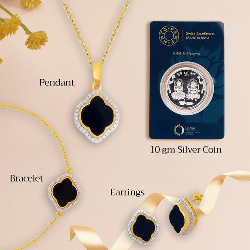 An image containing Celestial Elegance Onyx, Cubic Zirconia Bracelet, Pendant, Earrings, Chain & 10gm Silver Coin MMTC PAMP Gift Hamper.