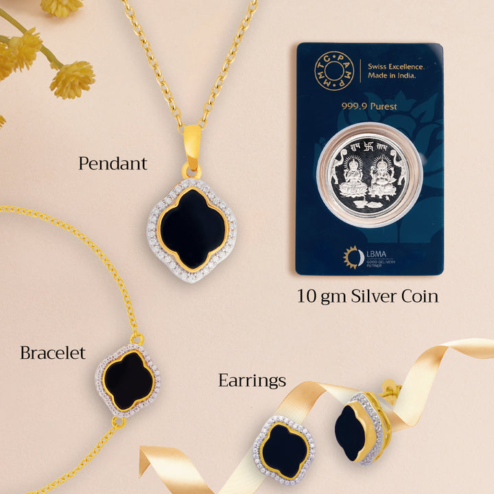 Celestial Elegance Onyx, Cubic Zirconia Bracelet, Pendant, Earrings, Chain & 10gm Silver Coin MMTC PAMP Gift Hamper