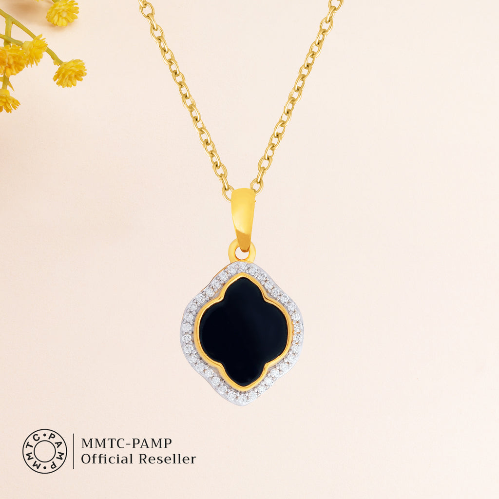 An image containing Celestial Elegance Onyx, Cubic Zirconia Bracelet, Pendant, Earrings, Chain & 10gm Silver Coin MMTC PAMP Gift Hamper.