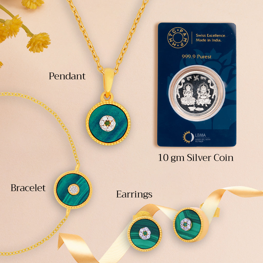  Lush Malachite Splendour Sparkling Cubic Zirconia Earring, Pendant, Golden Chain, Bracelet With 10gm Silver Coin MMTC PAMP Gift Hamper