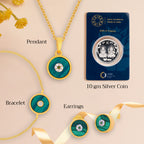  Lush Malachite Splendour Sparkling Cubic Zirconia Earring, Pendant, Golden Chain, Bracelet With 10gm Silver Coin MMTC PAMP Gift Hamper