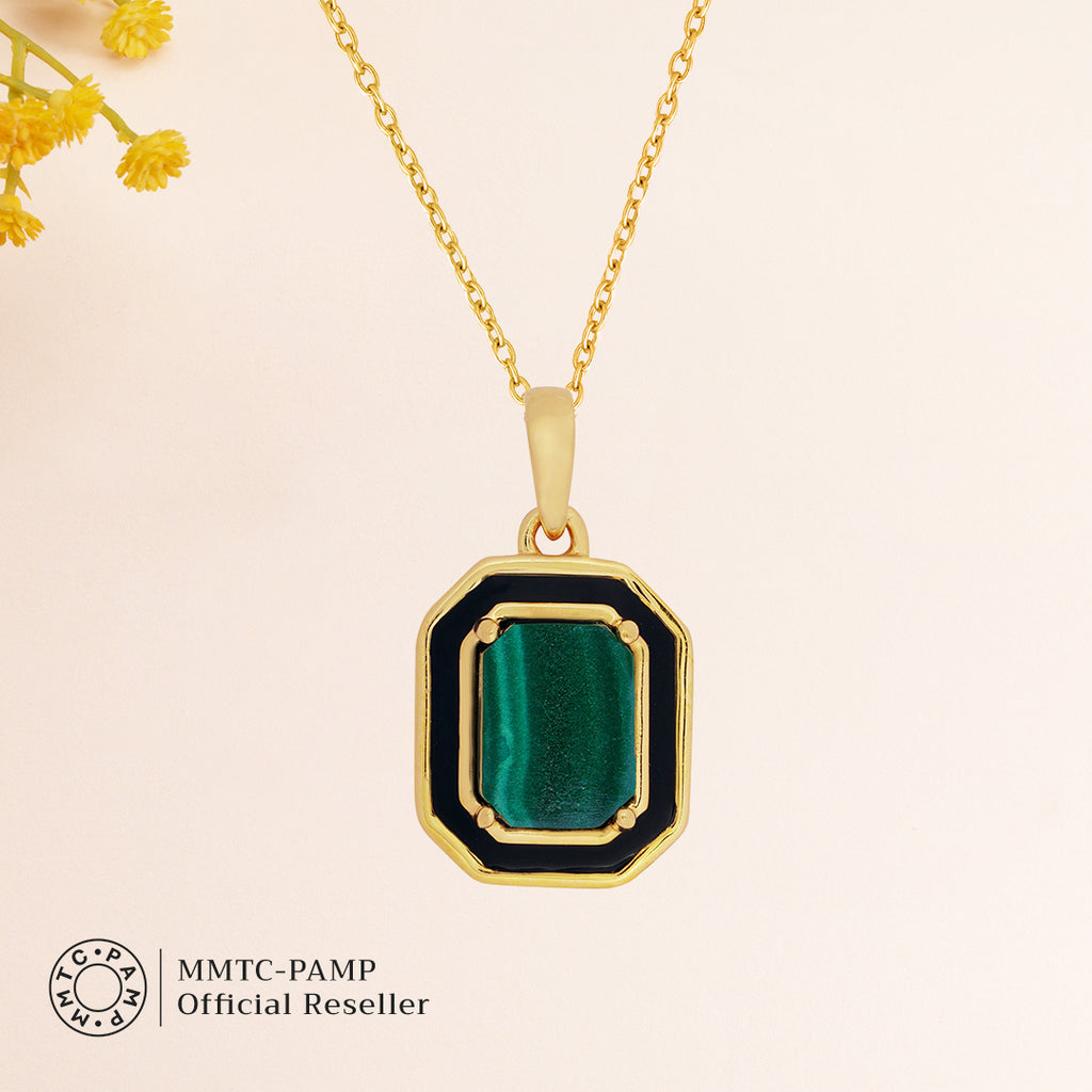 An image of Mystic Malachite Earring, Pendant, Golden Chain With 10gm Silver Coin MMTC PAMP Gift hamper.