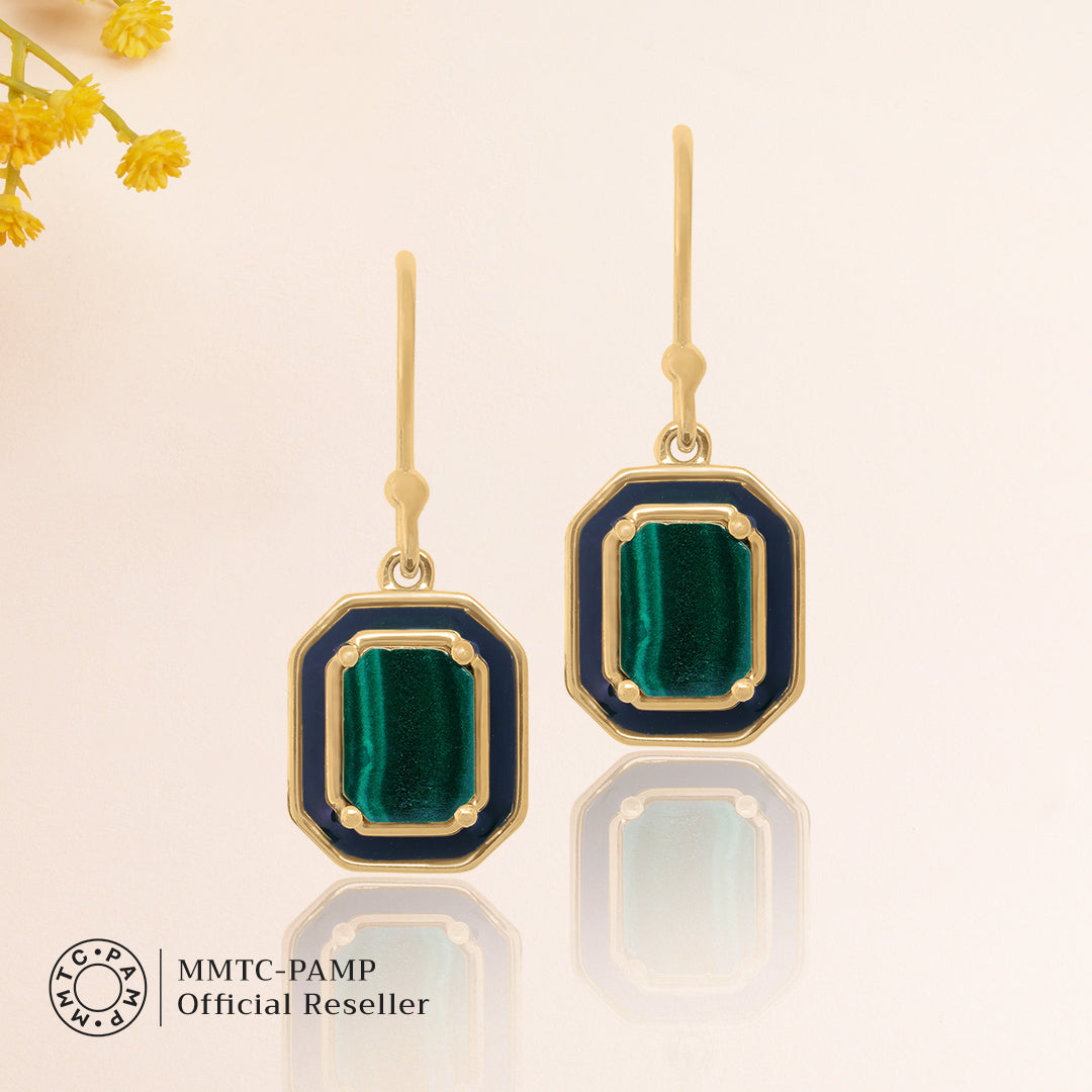 An image of Mystic Malachite Earring, Pendant, Golden Chain With 10gm Silver Coin MMTC PAMP Gift hamper.