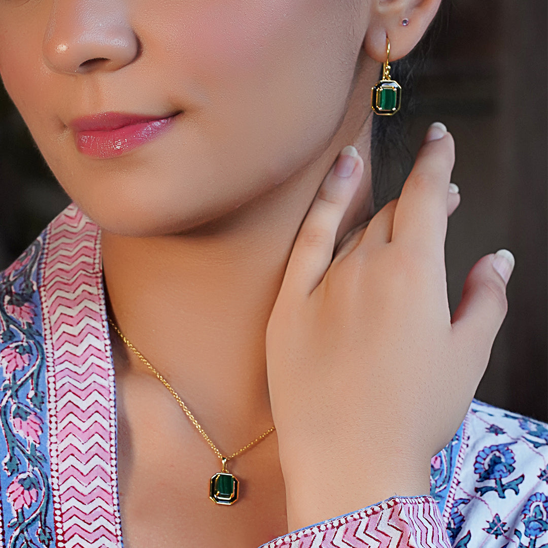 An image of Mystic Malachite Earring, Pendant, Golden Chain With 10gm Silver Coin MMTC PAMP Gift hamper.