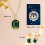 An image of Mystic Malachite Earring, Pendant, Golden Chain With 10gm Silver Coin MMTC PAMP Gift hamper.