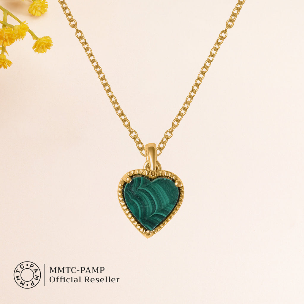 An image of Verdant Love's Malachite Heart Pendant, Hoop Earrings, Bracelet, Golden Chain With 10gm Silver Bar MMTC PAMP Gift Hamper.