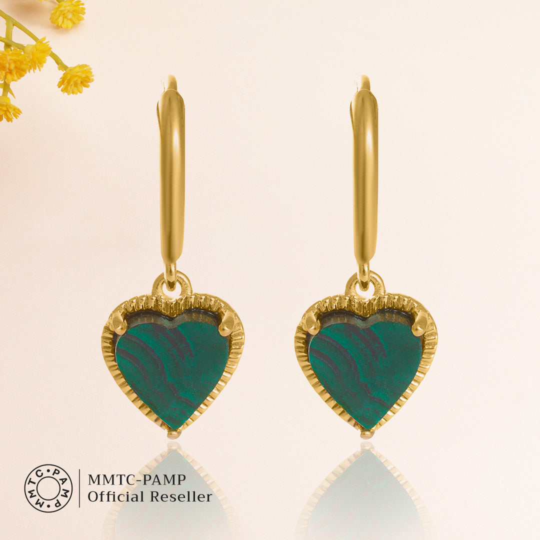 An image of Verdant Love's Malachite Heart Pendant, Hoop Earrings, Bracelet, Golden Chain With 10gm Silver Bar MMTC PAMP Gift Hamper.