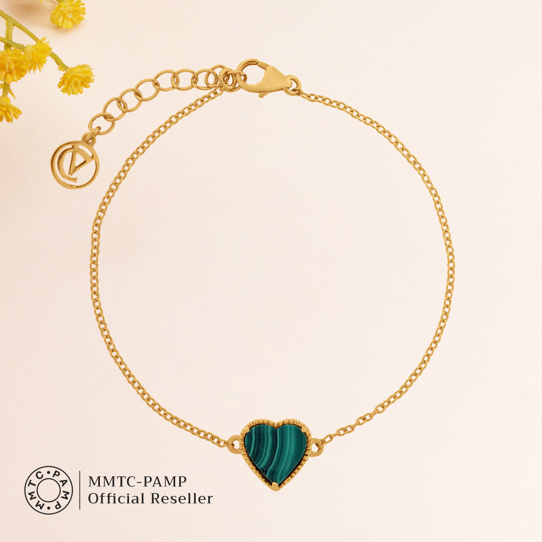 An image of Verdant Love's Malachite Heart Pendant, Hoop Earrings, Bracelet, Golden Chain With 10gm Silver Bar MMTC PAMP Gift Hamper.