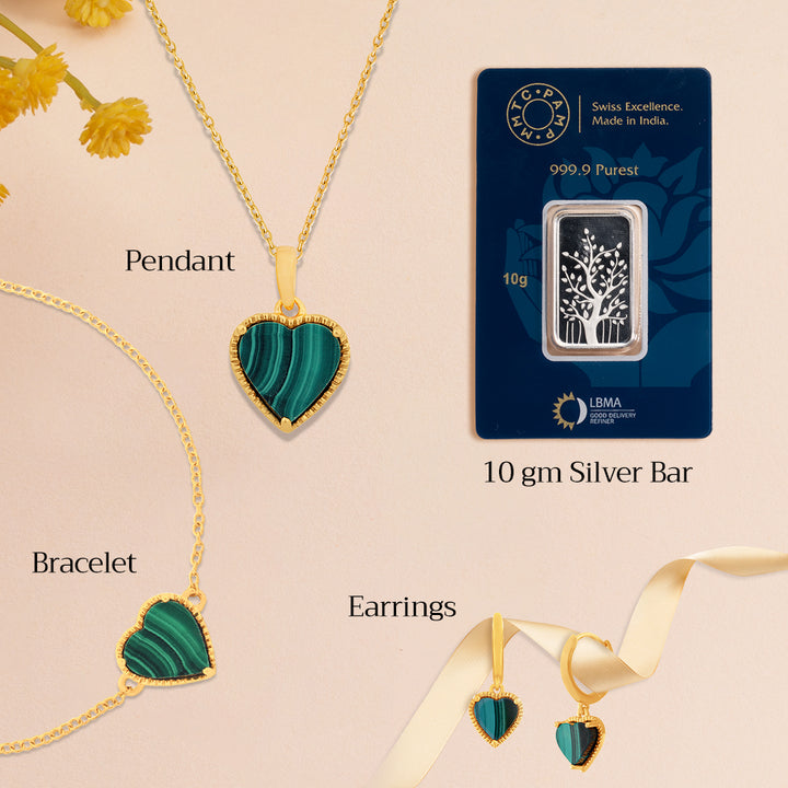 An image of Verdant Love's Malachite Heart Pendant, Hoop Earrings, Bracelet, Golden Chain With 10gm Silver Bar MMTC PAMP Gift Hamper 