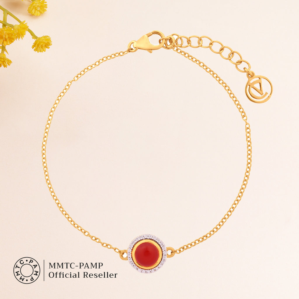 An image of Scarlet Sparkle Suite Red Onyx and Zircon Earring, Pendant, Bracelet with Golden Chain & 10gm Silver Bar MMTC PAMP Gift Hamper.