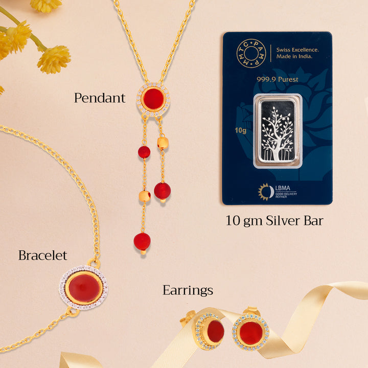 Scarlet Sparkle Suite Red Onyx and Zircon Earring, Pendant, Bracelet with Golden Chain & 10gm Silver Bar MMTC PAMP Gift Hamper