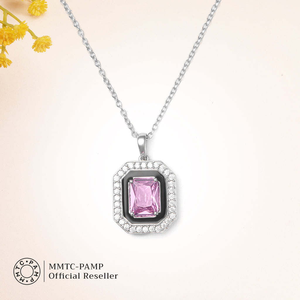 An image of Pink Dreamscape Zircon and Enamel Twilight Pair Earrings, Pendant & 10gm Silver Bar MMTC PAMP Gift Hamper.