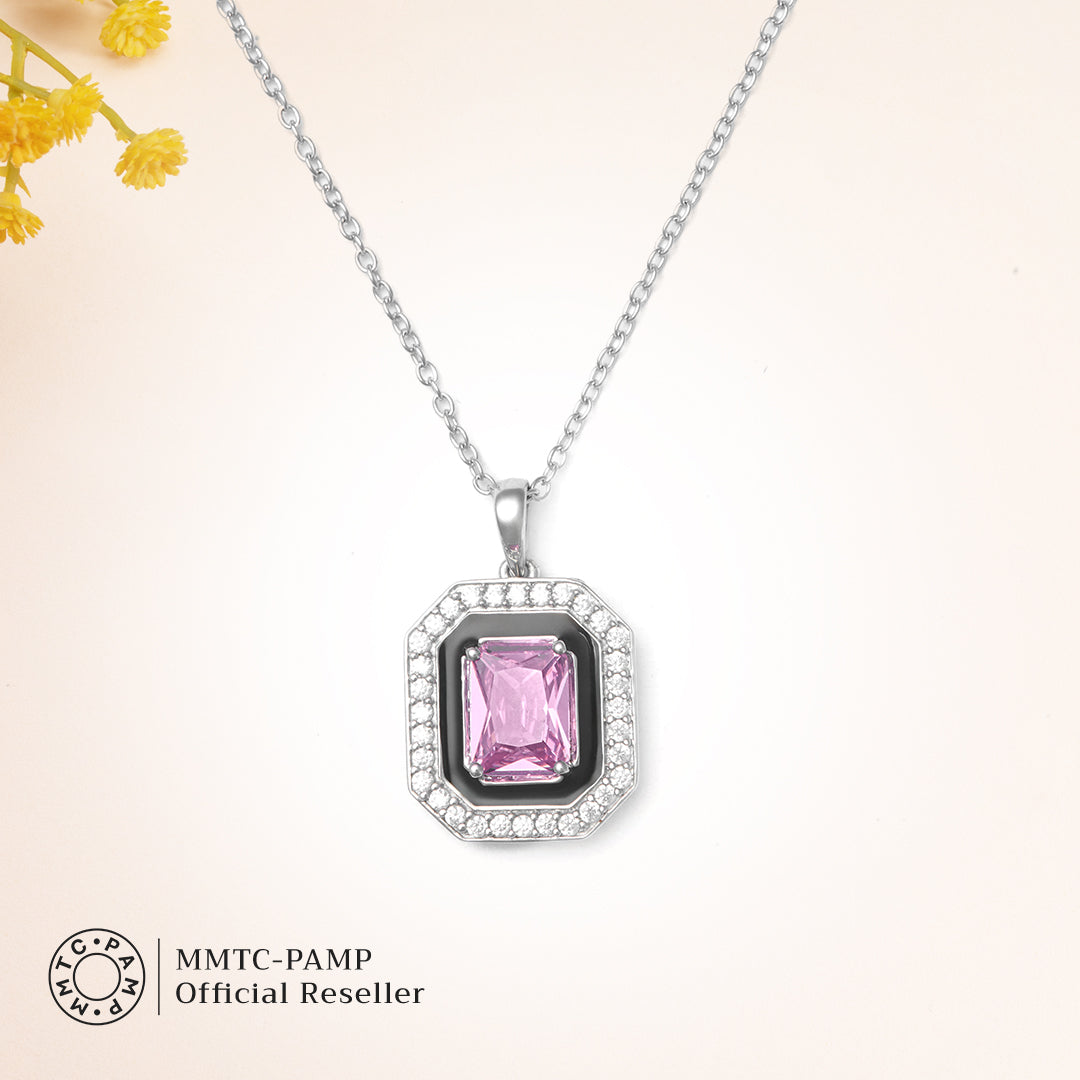 An image of Pink Dreamscape Zircon and Enamel Twilight Pair Earrings, Pendant & 10gm Silver Bar MMTC PAMP Gift Hamper.