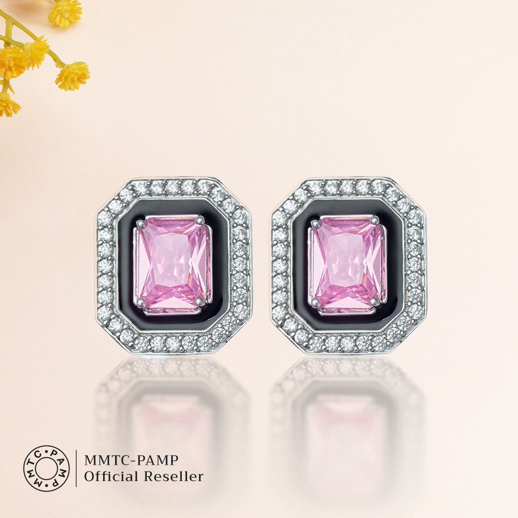 An image of Pink Dreamscape Zircon and Enamel Twilight Pair Earrings, Pendant & 10gm Silver Bar MMTC PAMP Gift Hamper.