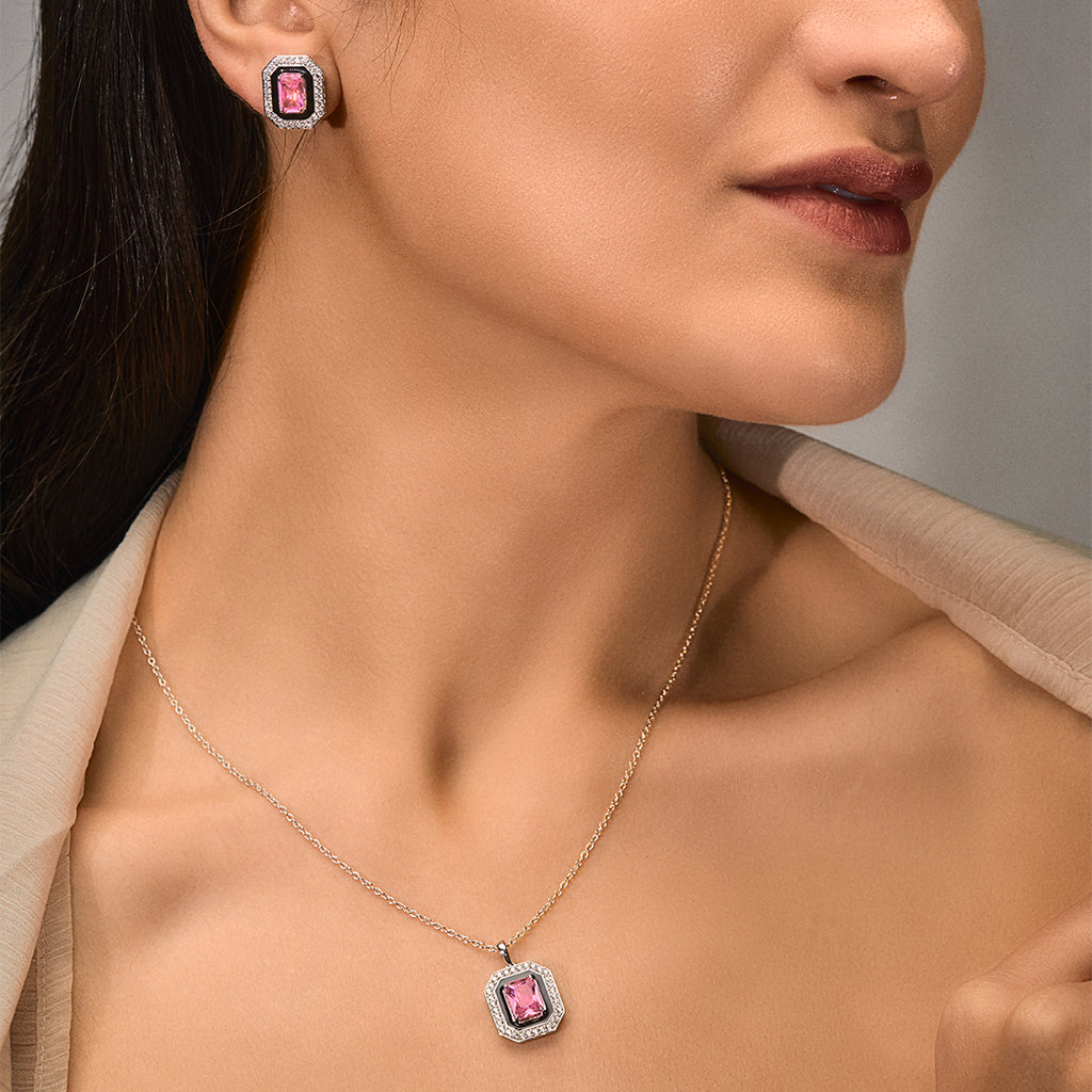 An image of Pink Dreamscape Zircon and Enamel Twilight Pair Earrings, Pendant & 10gm Silver Bar MMTC PAMP Gift Hamper.