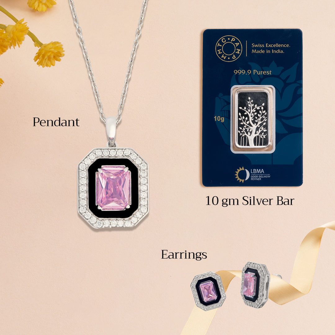 An image of Pink Dreamscape Zircon and Enamel Twilight Pair Earrings, Pendant & 10gm Silver Bar MMTC PAMP Gift Hamper.