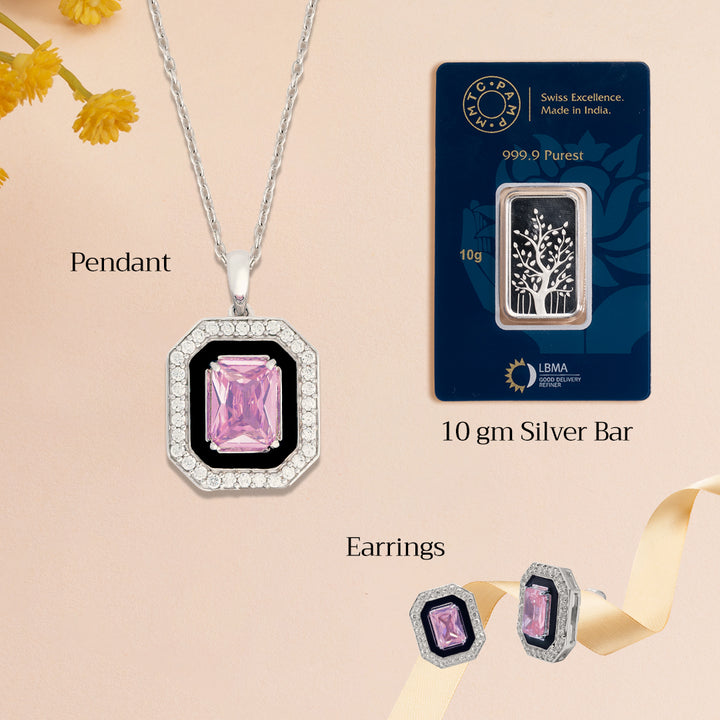 Pink Dreamscape Zircon and Enamel Twilight Pair Earrings, Pendant & 10gm Silver Bar MMTC PAMP Gift Hamper