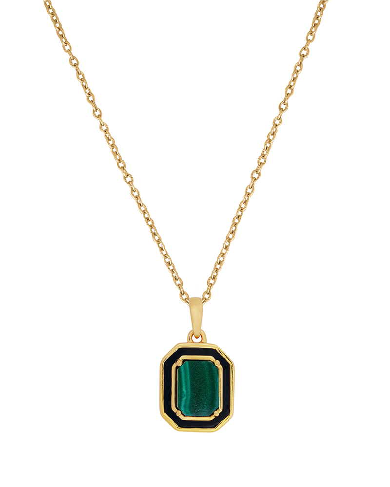 An image of Malachite Marvel Black Enamel Pendant with Gold Radiant Serenity Chain.