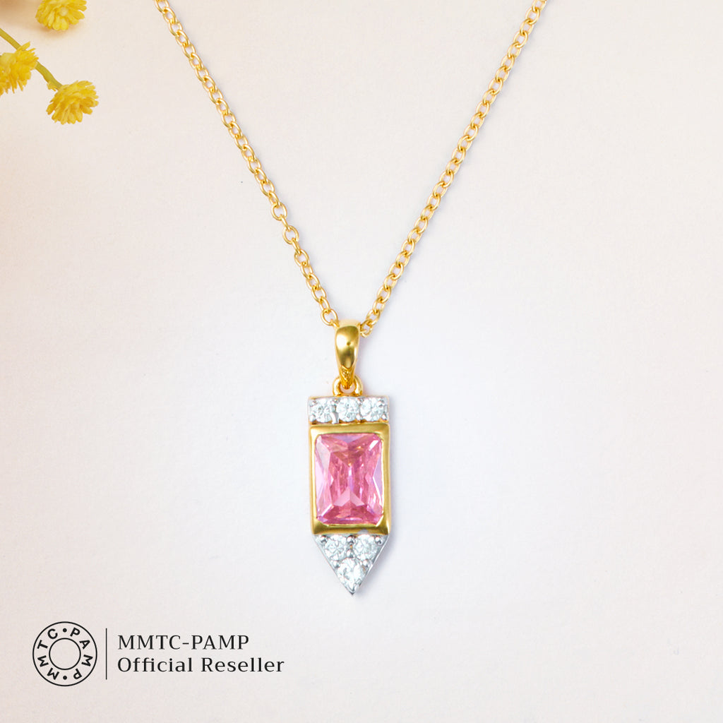 An image of Radiant Pink Blushing Rose Elegance Golden Chain, Pendant, Earring With 10gm Silver Bar MMTC PAMP Gift Hamper.