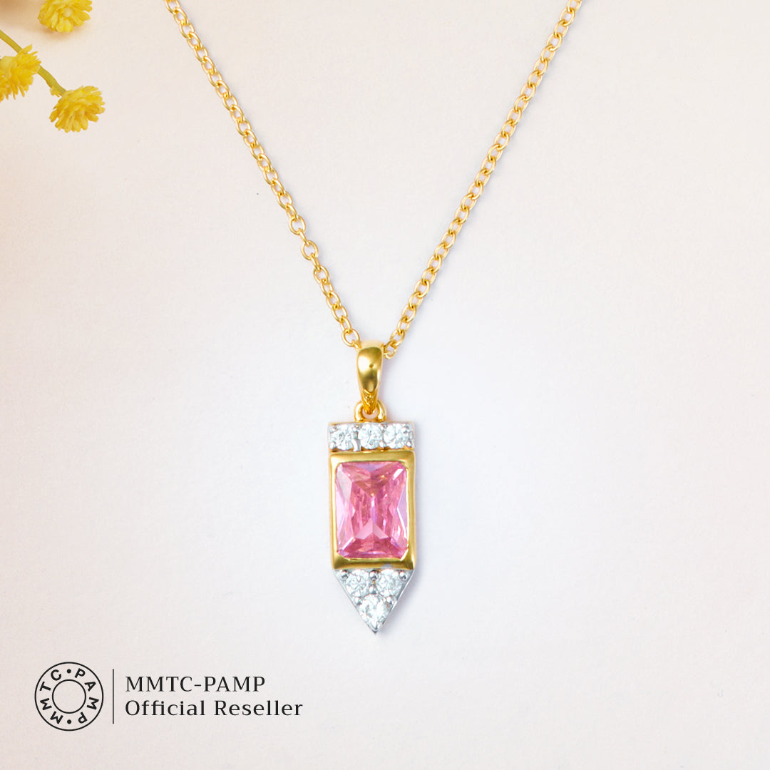 An image of Radiant Pink Blushing Rose Elegance Golden Chain, Pendant, Earring With 10gm Silver Bar MMTC PAMP Gift Hamper.