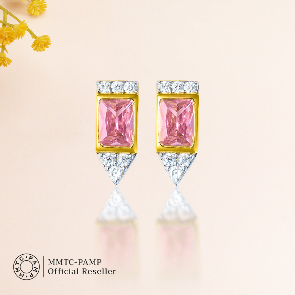 An image of Radiant Pink Blushing Rose Elegance Golden Chain, Pendant, Earring With 10gm Silver Bar MMTC PAMP Gift Hamper.