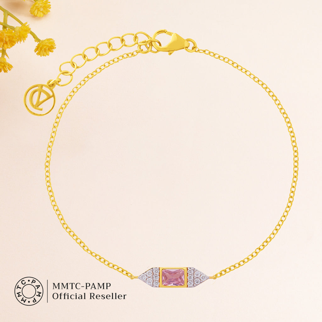 An image of Radiant Pink Blushing Rose Elegance Golden Chain, Pendant, Earring With 10gm Silver Bar MMTC PAMP Gift Hamper.