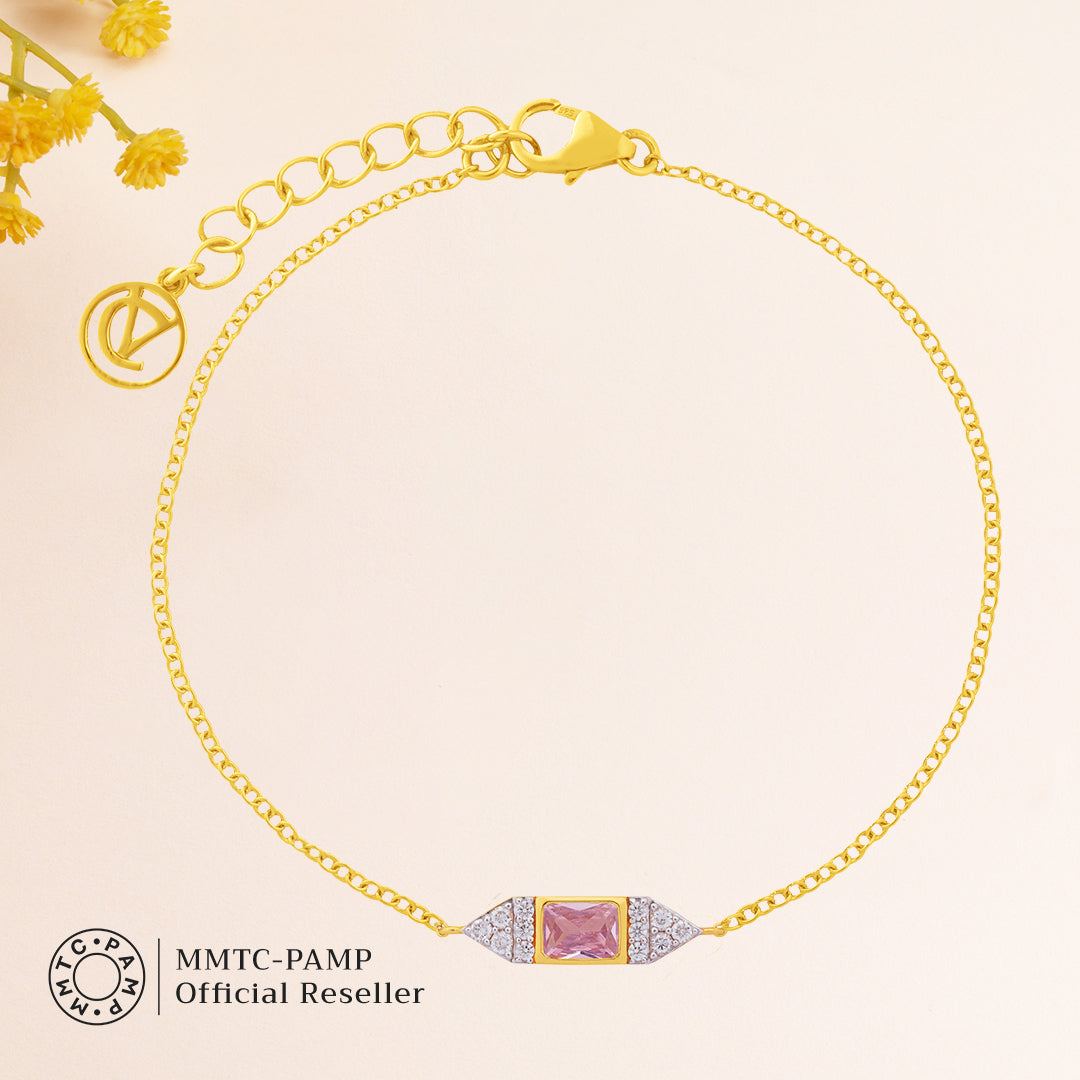 An image of Radiant Pink Blushing Rose Elegance Golden Chain, Pendant, Earring With 10gm Silver Bar MMTC PAMP Gift Hamper.