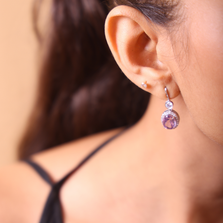 Oval Bloom Amethyst Drop Earrings For Women