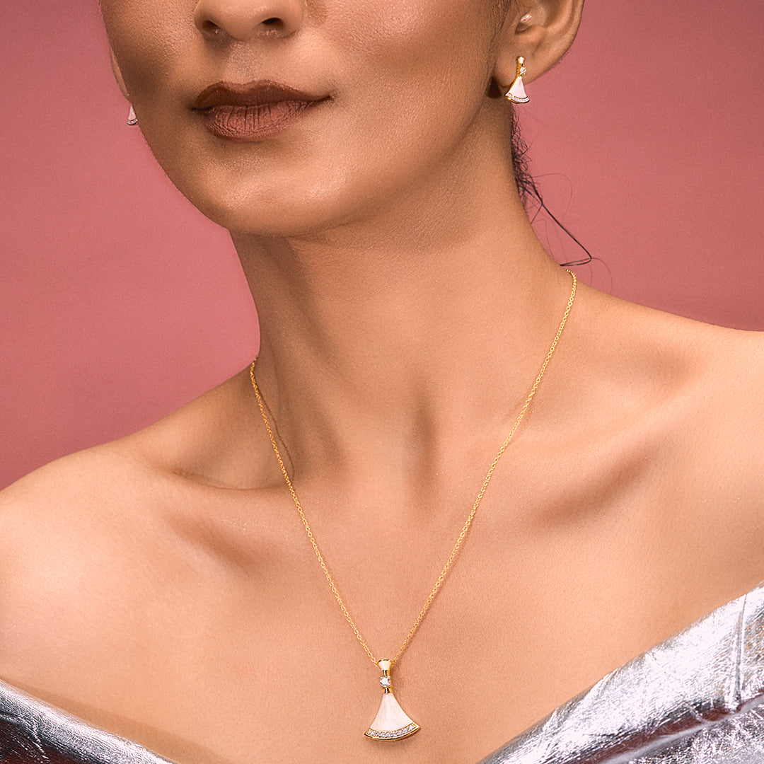 A woman wearing Gold-Finished Pearl Enamel Pendant.