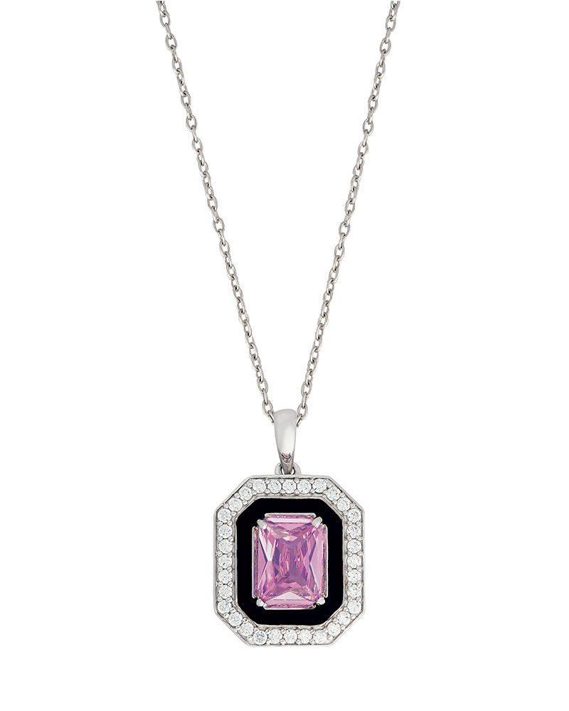  A Pink Pendant Adorned with Cubic Zirconia and Ebony Enamel.