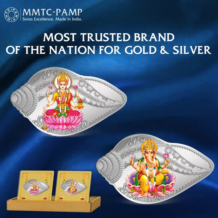  An image of 50 Gram Silver Coin (999.9) Purity - Lakshmi Ganesh Shankh Shape (2 Coin Set).