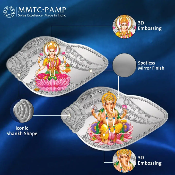  50 Gram Silver Coin (999.9) Purity - Lakshmi Ganesh Shankh Shape (2 Coin Set).